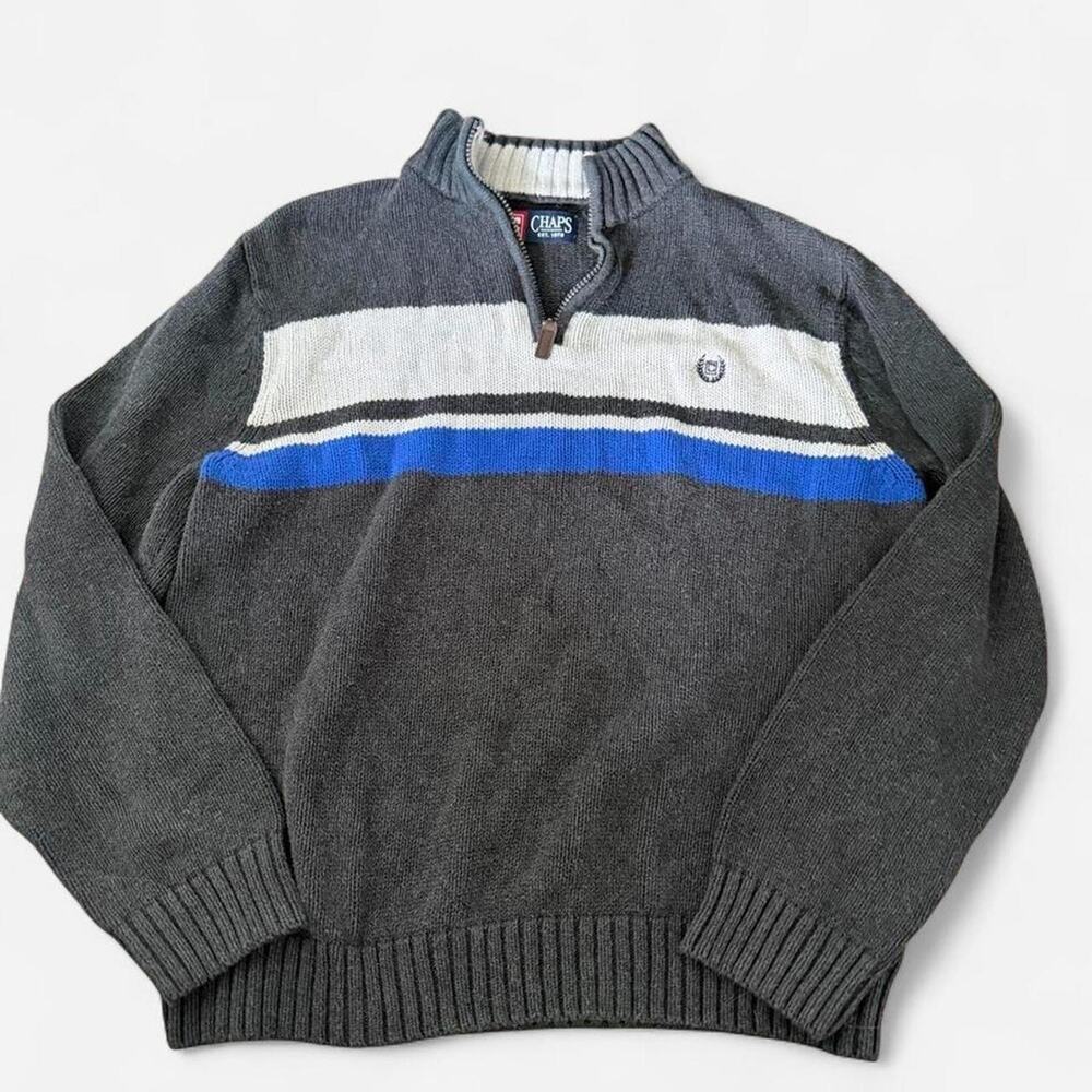 Vintage Chaps Ralph Lauren grey & Blue Striped Knit Quarter Zip Sweater Size L